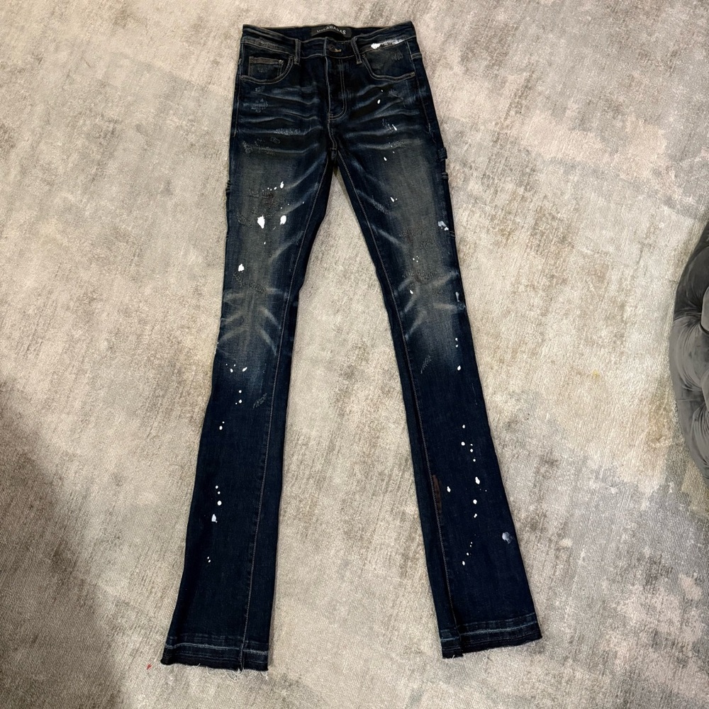 VALABASAS Dark Wash Paint Splatter stacked jeans